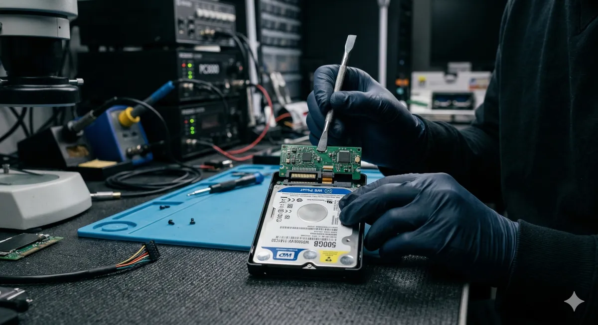 هارد خارجي متصل بجهاز استعادة بيانات احترافي داخل المعمل