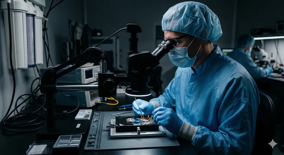 Engineer performing a head swap operation under a microscope