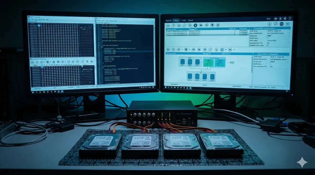 Dual monitors showing virtual RAID assembly with 4 connected hard drives