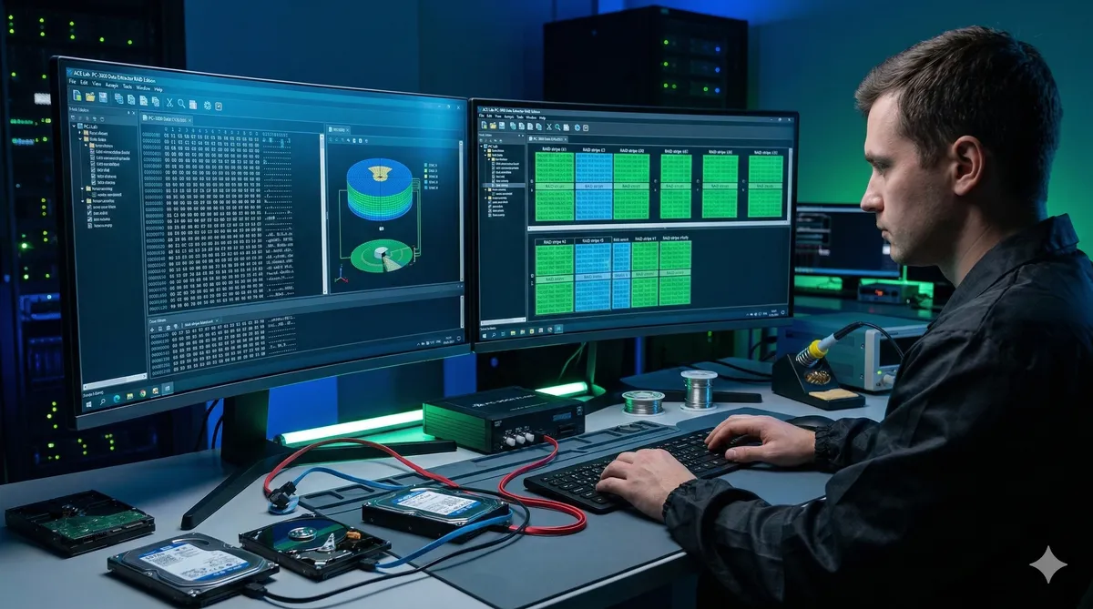 Engineer analyzing RAID configuration data on multiple screens