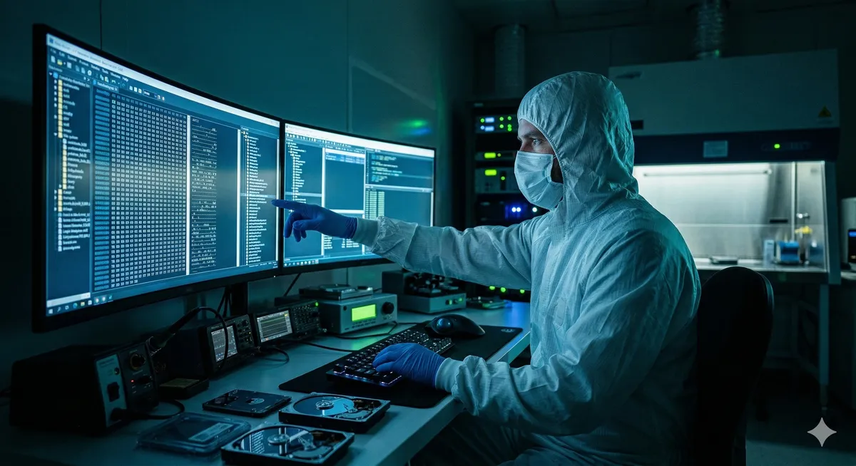 مهندس أمن سيبراني يقوم بتحليل أكواد التشفير المعقدة على شاشات متعددة