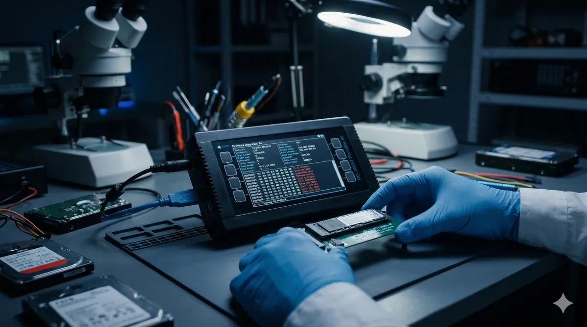 Engineer working on a dead SSD using PC-3000 Portable specialized hardware